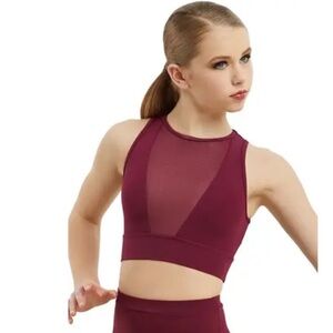 Weissman Balera Plunge Neck Illusion Crop Top Burgundy Mesh NEW Size XL Adult